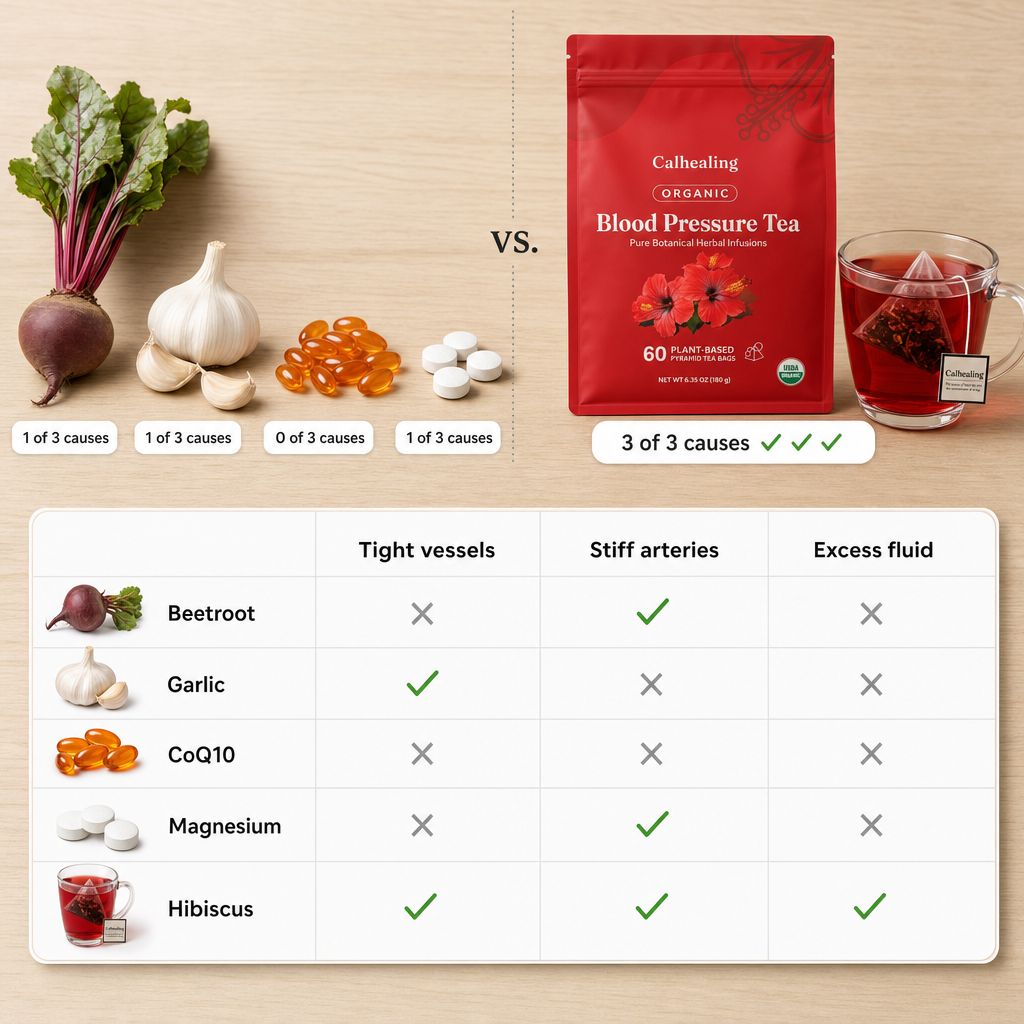 Hibiscus versus beetroot, garlic, CoQ10 and magnesium for blood pressure
